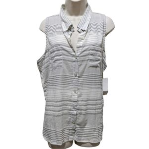 NWT Women's Just Living Cream & Gray Striped Button Up Tank Top